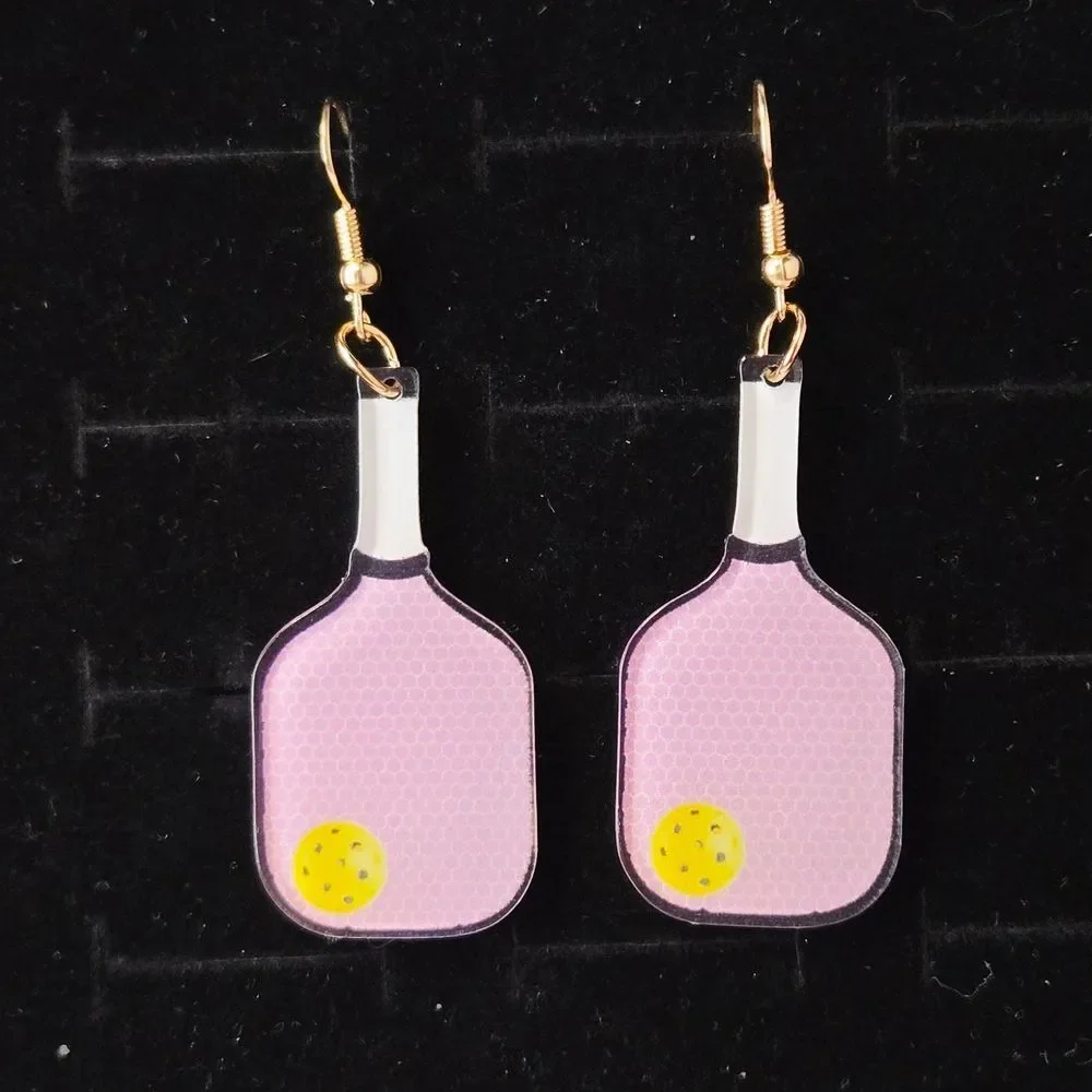 Pink Pickleball Paddle & Ball Dangle Earrings Acrylic Sport Drops Hobby Gift